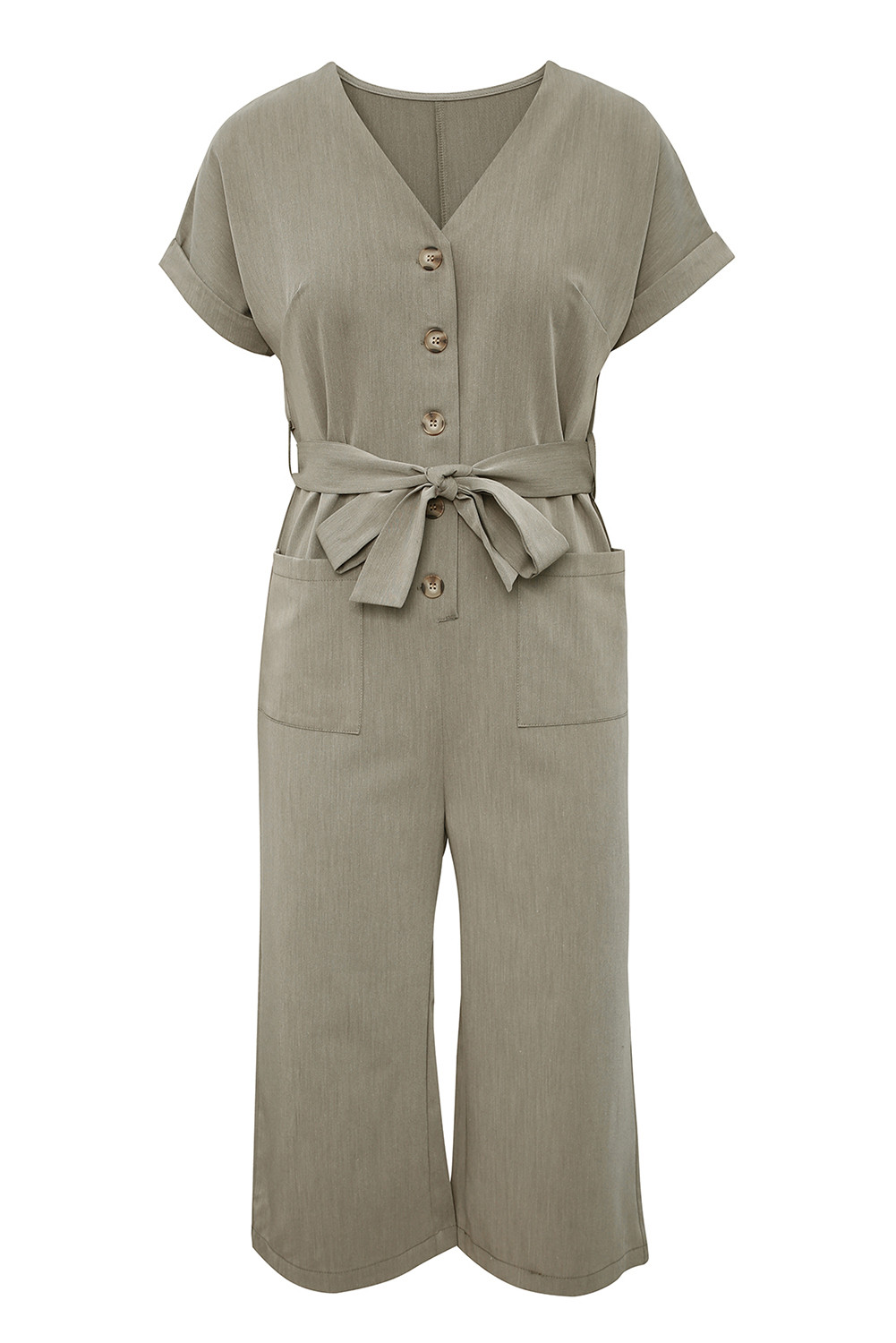 Green Casual V Neck Pocketed Tie Waist Wide Leg Jumpsuit