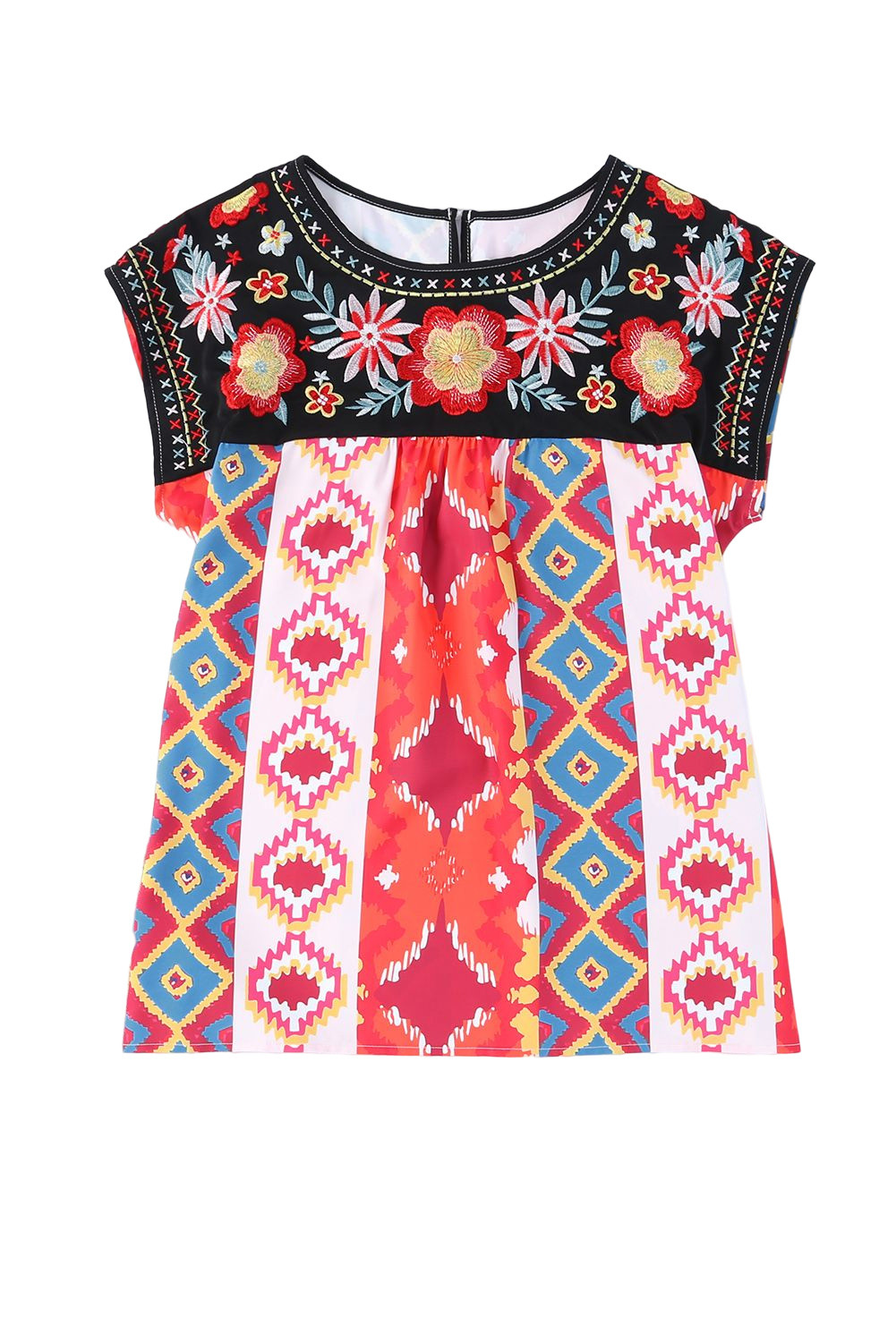 Multicolor Floral Geometric Cap Sleeve Top