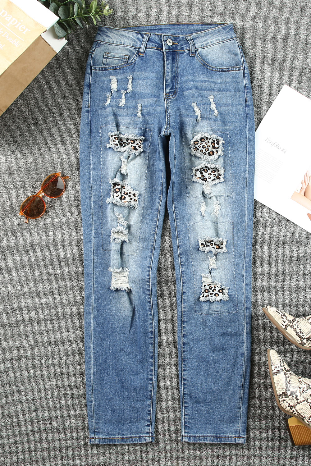 Shewin Wholesale Women Clothes Dark Blue Leopard Print Ripped JEANS