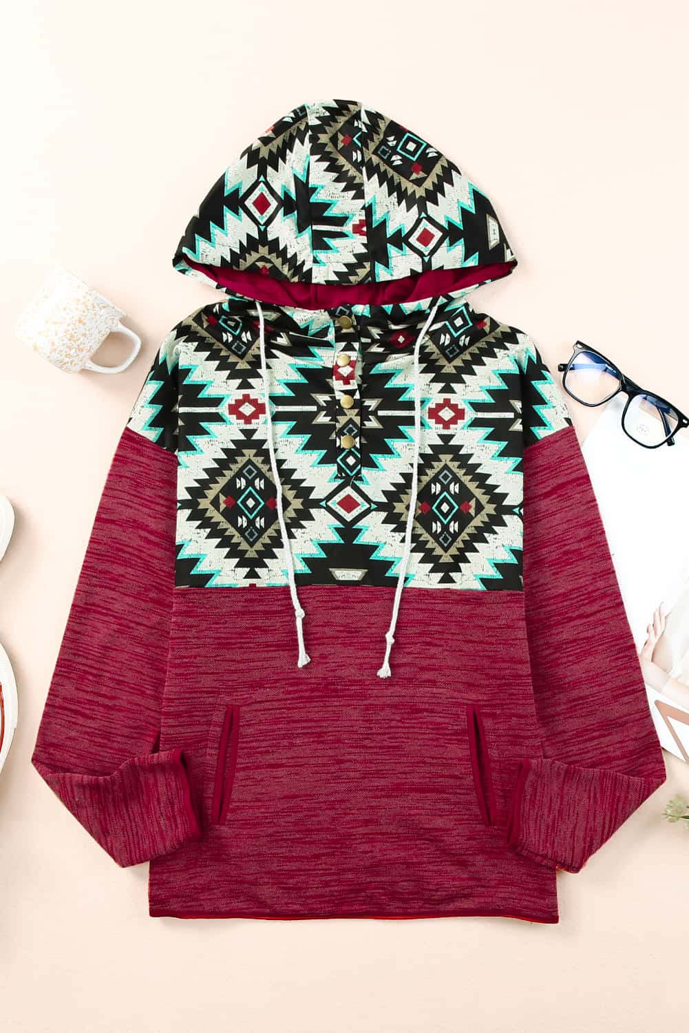 Dropshipping Red Tribal Geometric Print HOODIES with Pocket