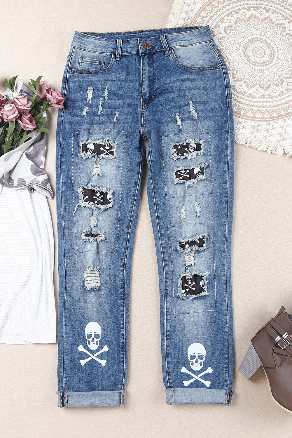 Dropshipping Blue SKULL Print Ripped Mid Rise Graphic Jeans