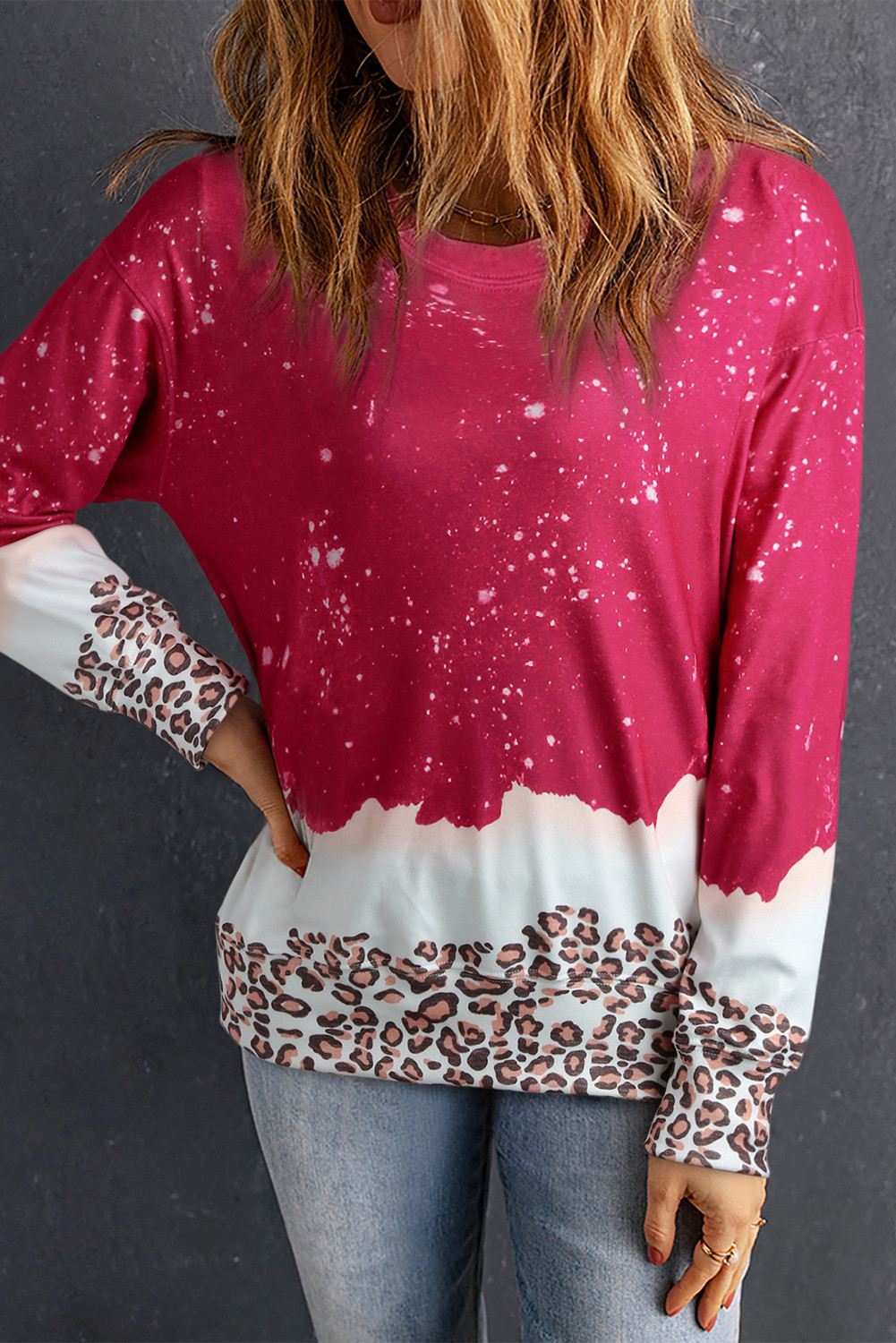 Red Leopard Bleached Tie Dye Casual Pullover Sweatshirt