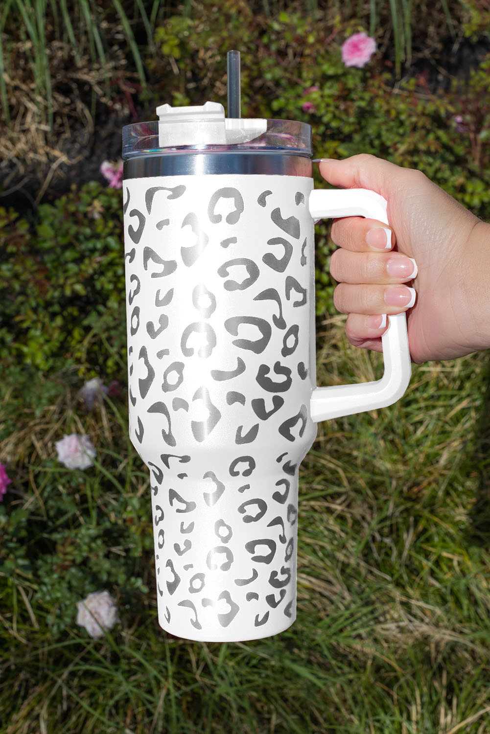 Wholesale White 304 Leopard Spotted Stainless Double Insulated Tumbler MUG With Handle