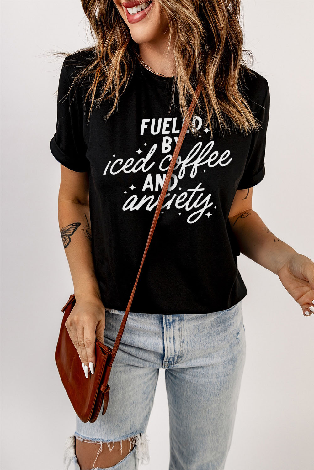 Dropshipping Black FUELED BY iced COFFEE AND anxiety Letter Print Graphic Tee