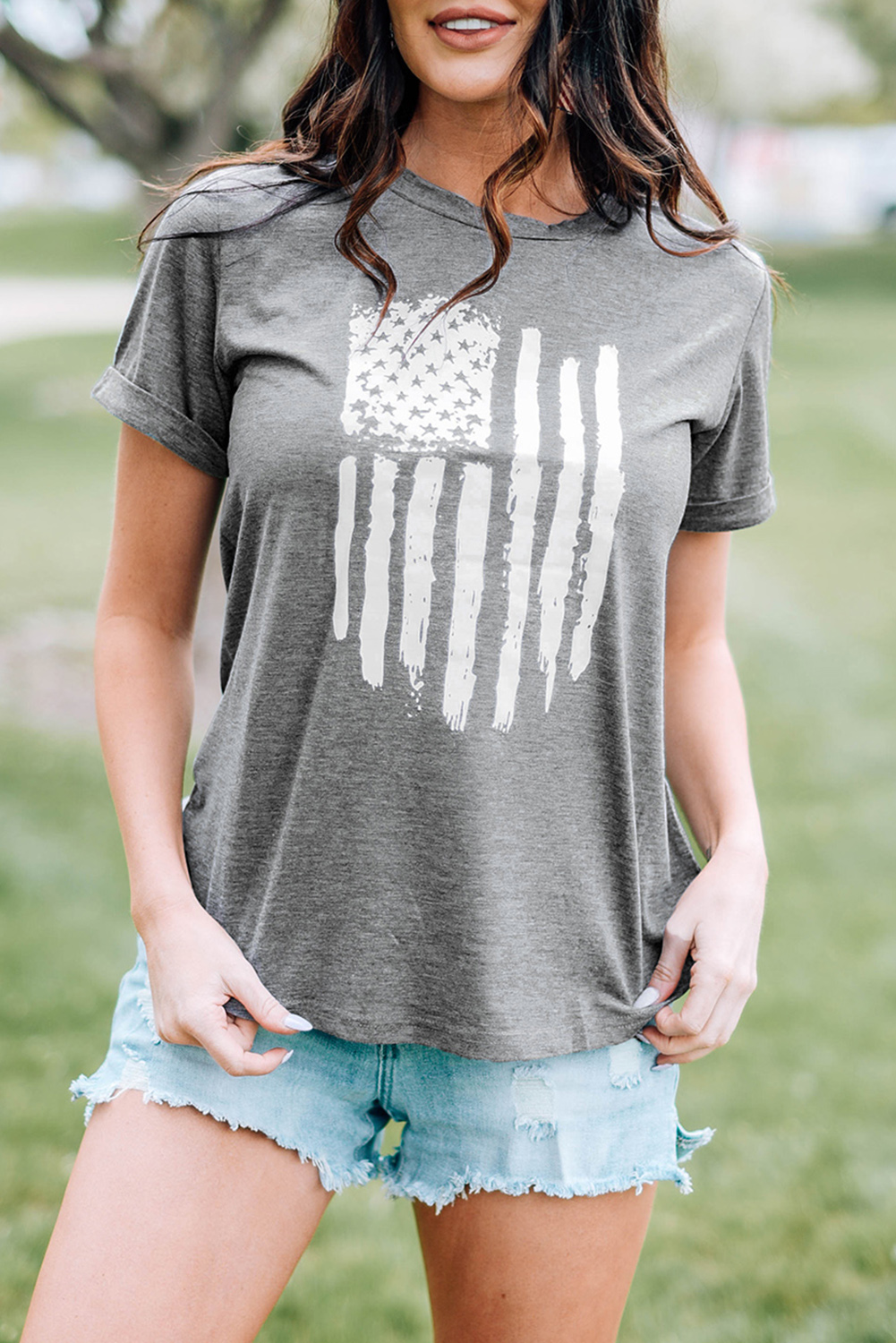 Dropshipping Gray American FLAG Graphic Tee Short Sleeve Crew Neck T Shirt
