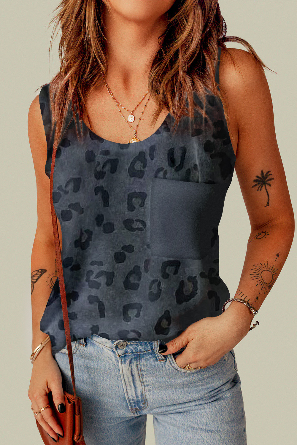 Grey Leopard Print Scoop Neck Casual Tank Top with Pocket