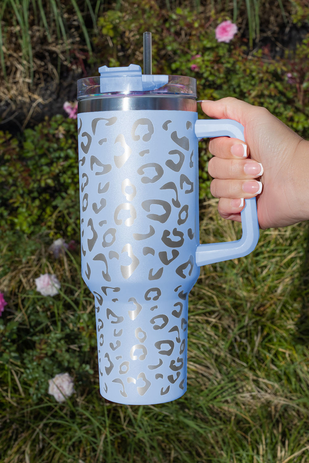 Wholesale Sky Blue 304 Leopard Spotted Stainless Double Insulated Tumbler MUG With Handle