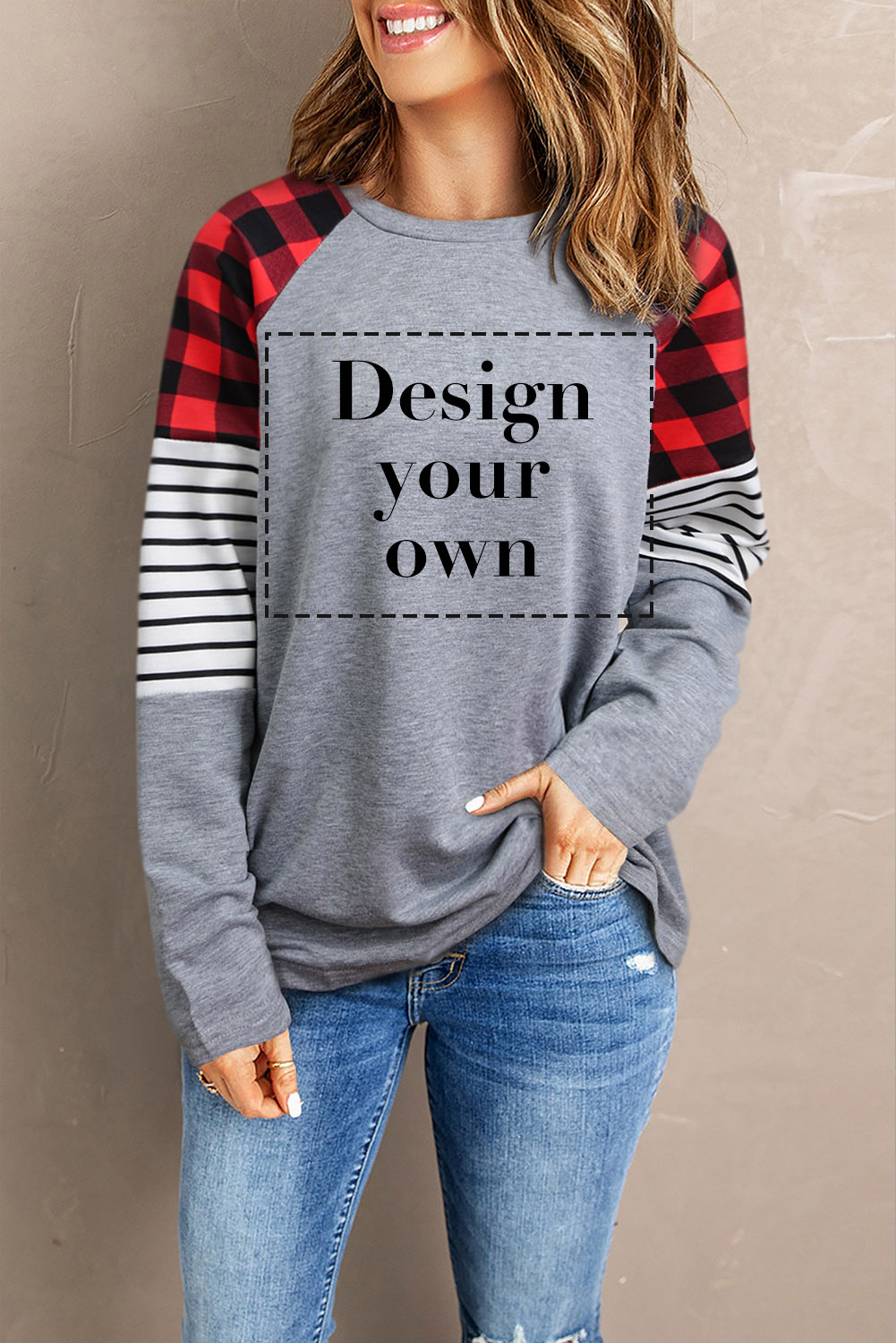 Blank Sweatshirt - Gray and Red Plaid Pullover Long Sleeve Shirt Customized