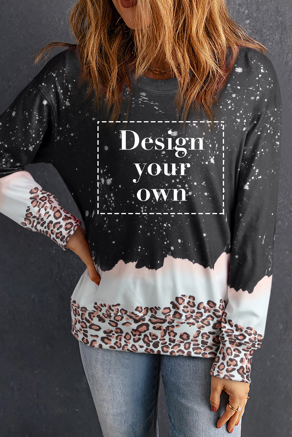 Blank Sweatshirt - Black Leopard Print Bleached Crewneck Oversized Sweatshirt Customized
