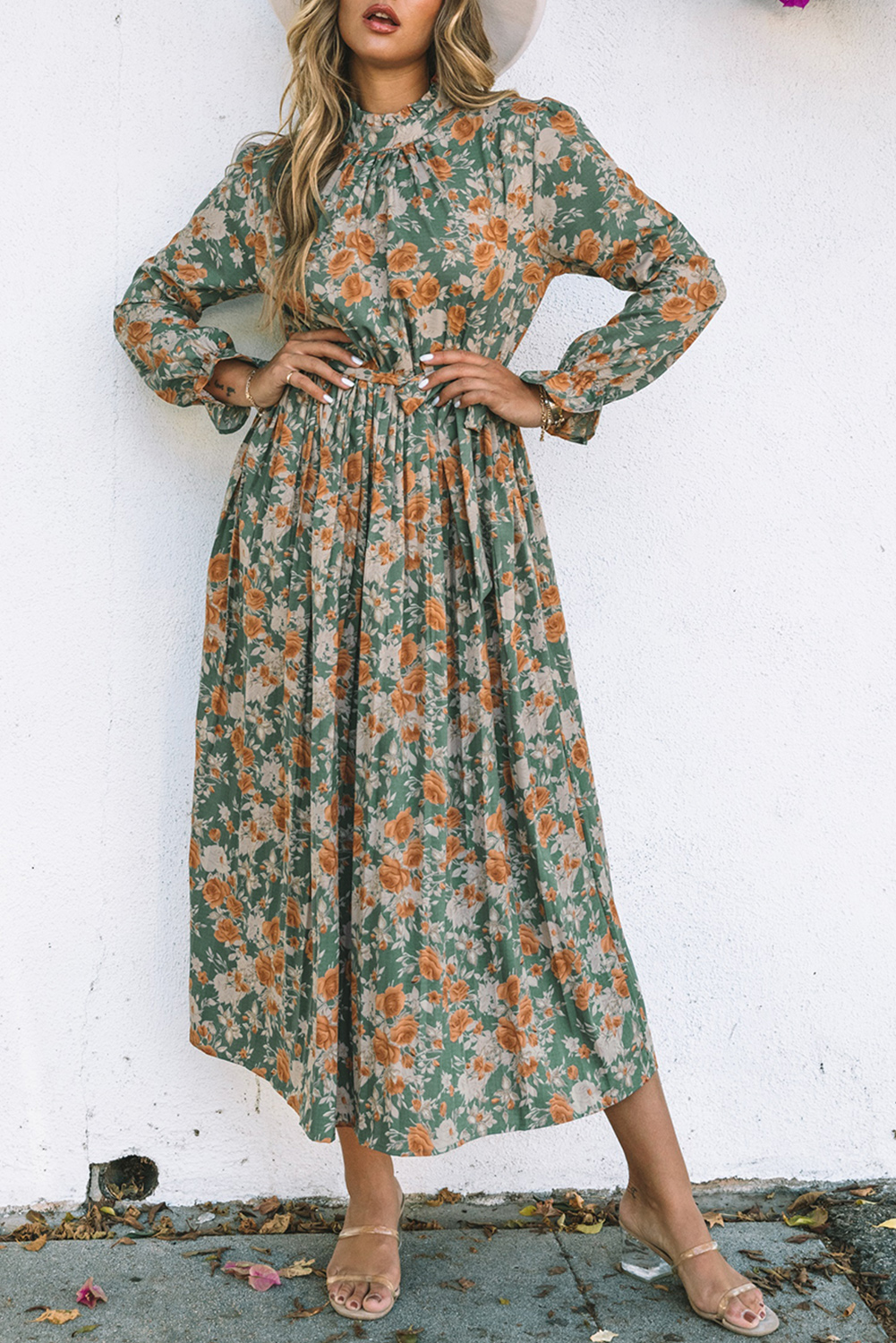 Shewin Wholesale CLOTHING Suppliers Green Frill Neck Boho Floral Print Pleated Belted Maxi Dress