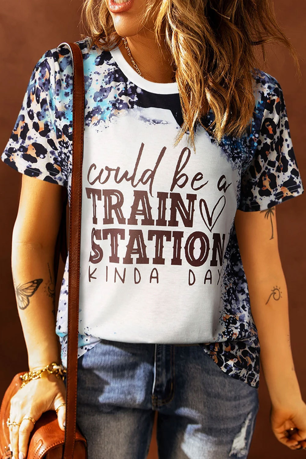 Brown Leopard Print TRAIN STATION Graphic T Shirt