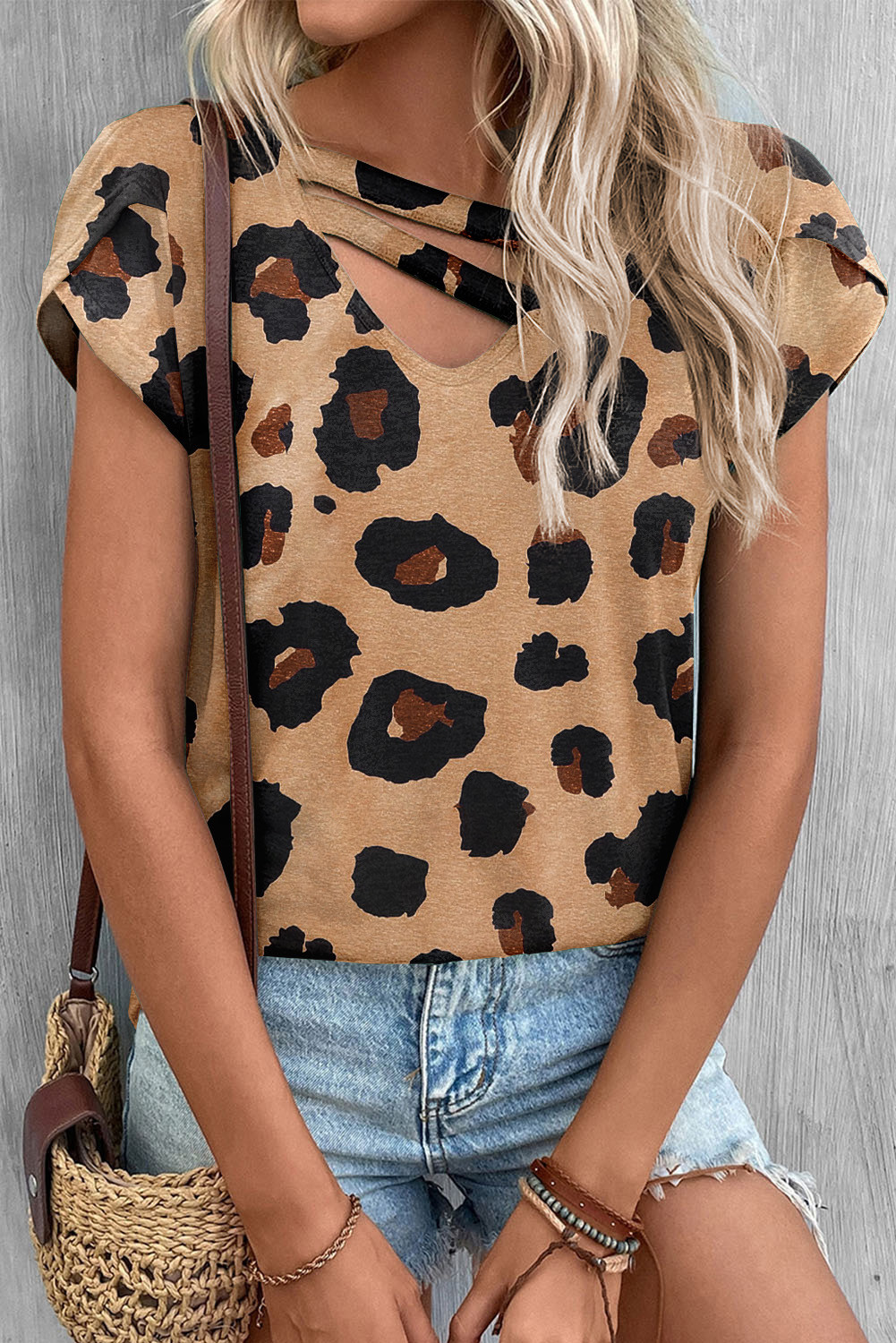 Khaki Leopard Print Petal Sleeve V Neck T Shirt