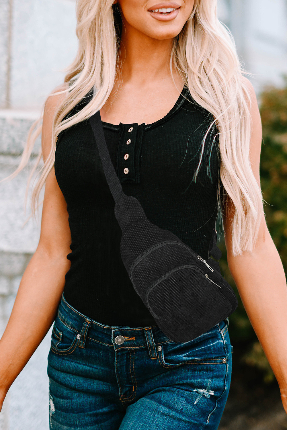 Black Zip Pocket Casual Corduroy Sling Bag