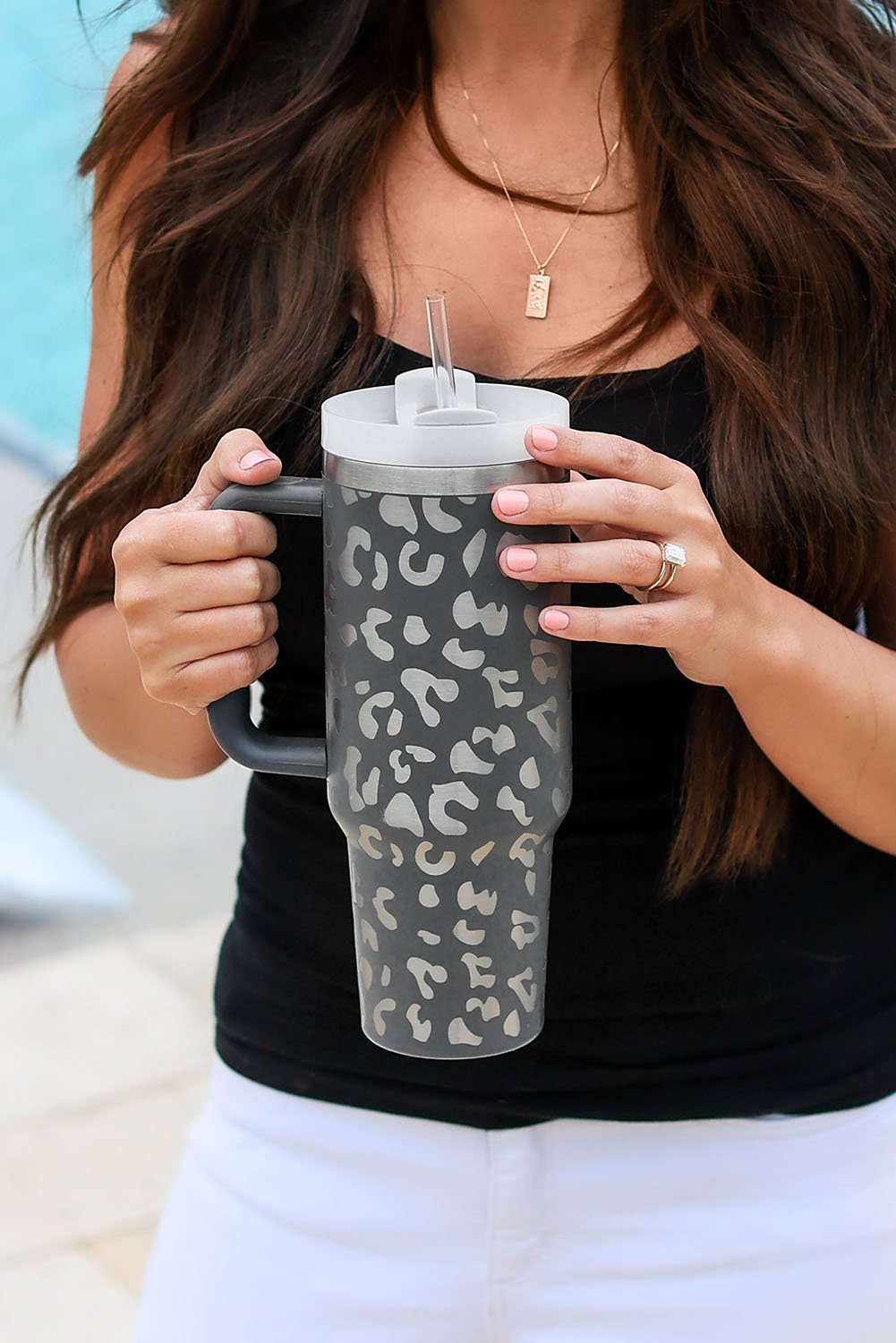 Wholesale Gray 40 oz Stainless Steel Portable Leopard Tumbler MUG with Handle