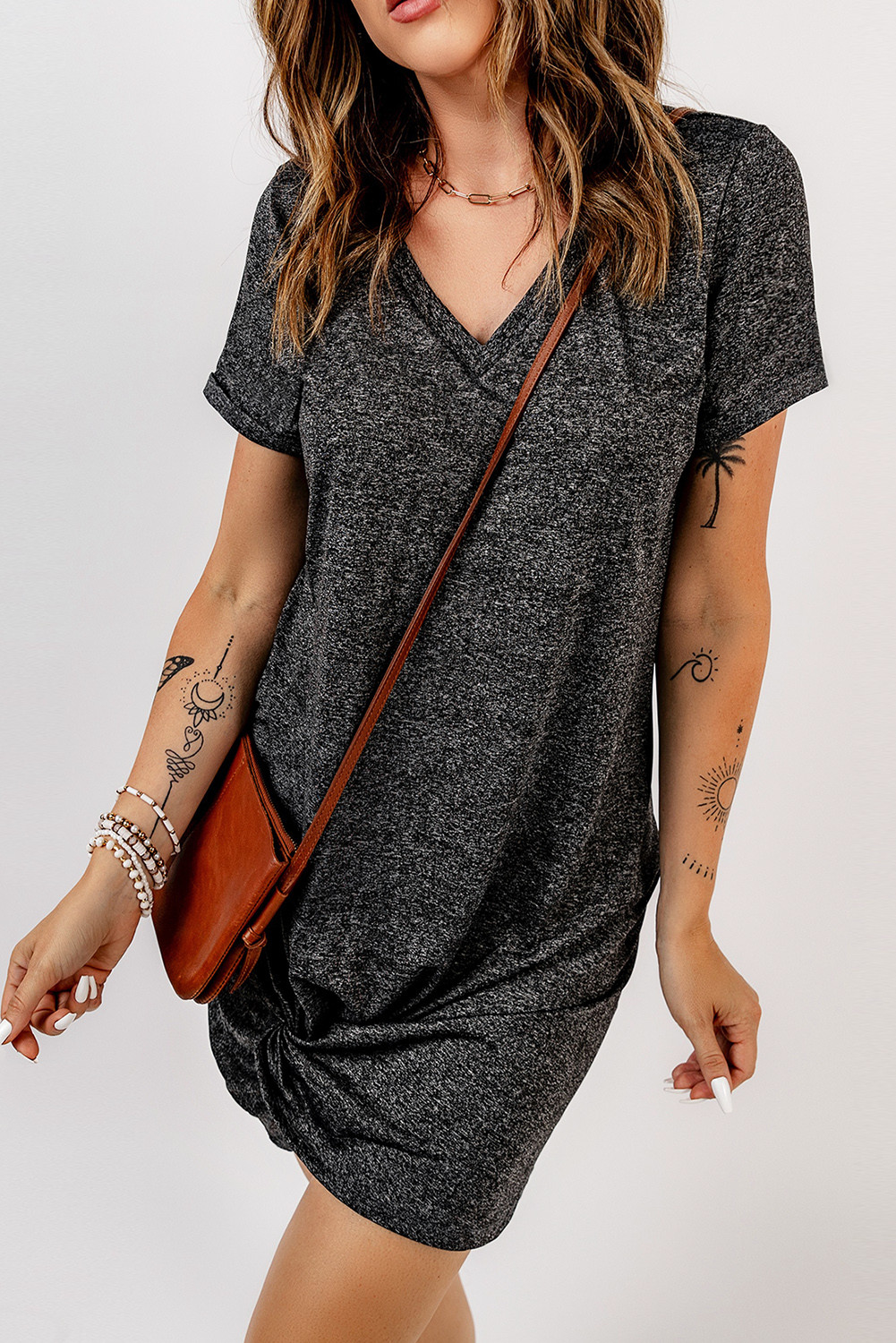 Casual V Neck Short Sleeve Twist Front Short Basics Dress