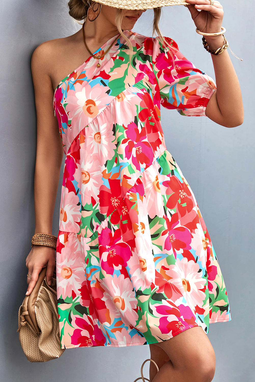 Dropshipping Pink Floral Print Diagonal Shoulder DOLL Short Dress
