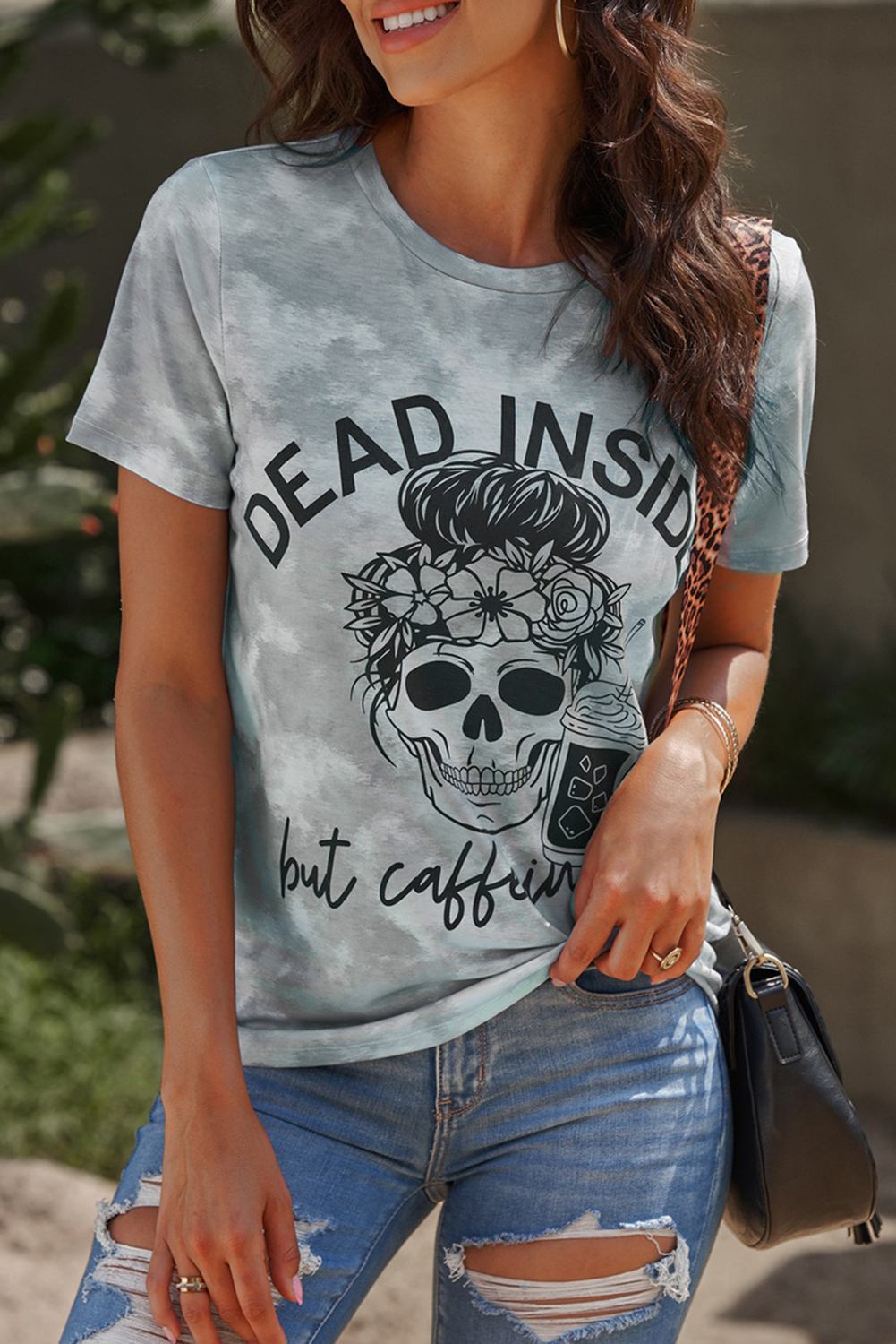 Dropshipping Grey Casual Letter Print SKULL Tie Dye  Graphic Tee