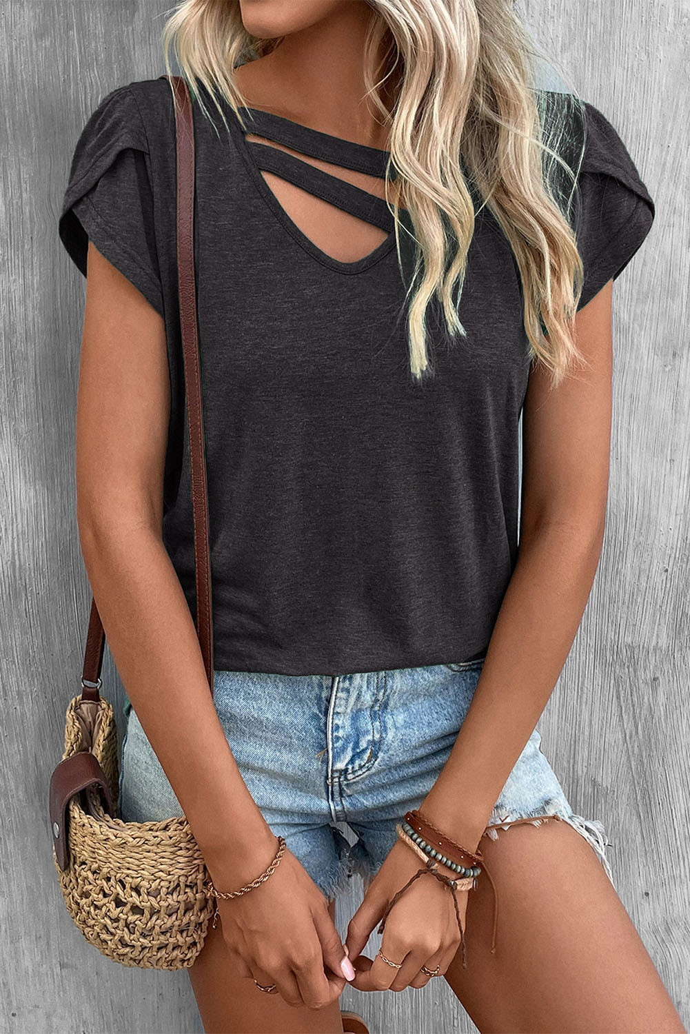 Charcoal Grey Solid Color Casual Cutout Neck T Shirt