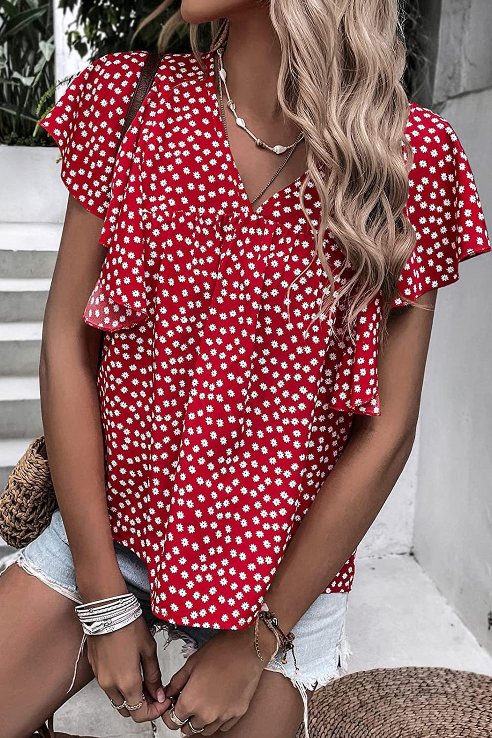 Shewin Wholesale CLOTHING Distributor Red Floral Print V Neck Ruffle Sleeve Blouse