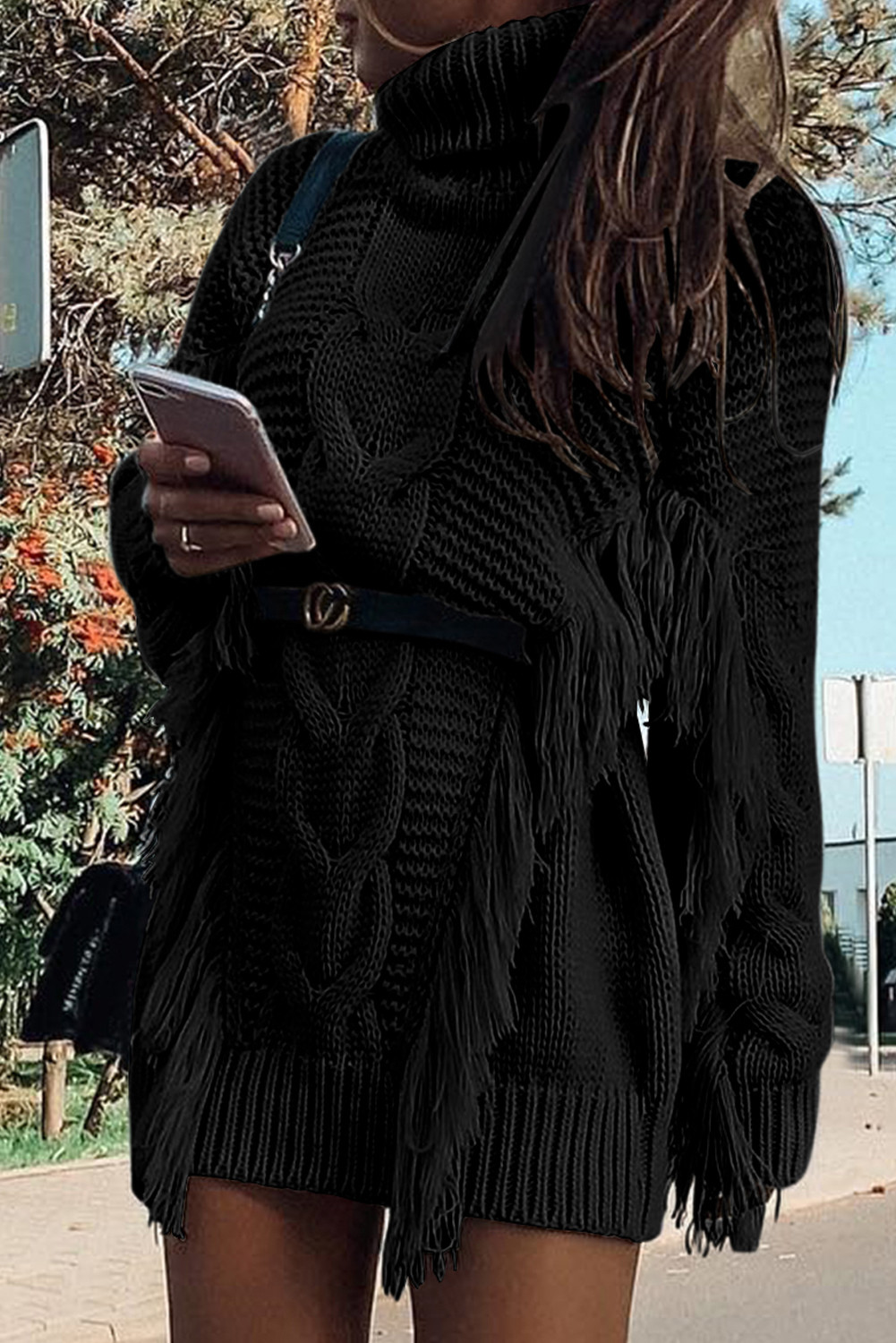 Black Casual Twist Fringe High Neck Sweater Dress