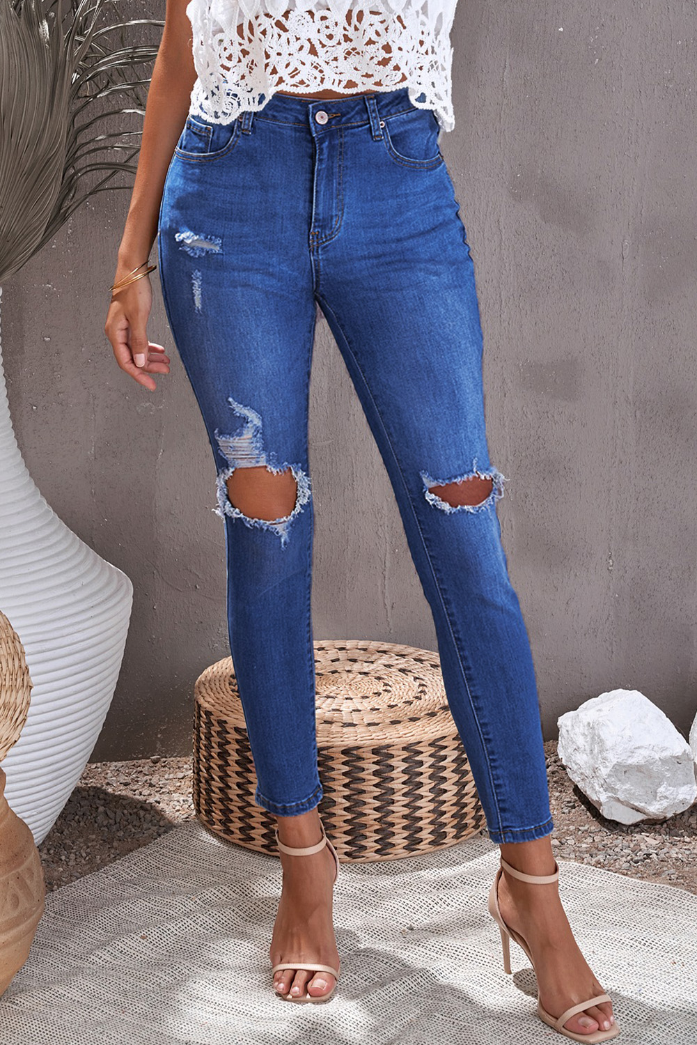 Wholesale Blue High Rise Distressed SKINNY JEANS