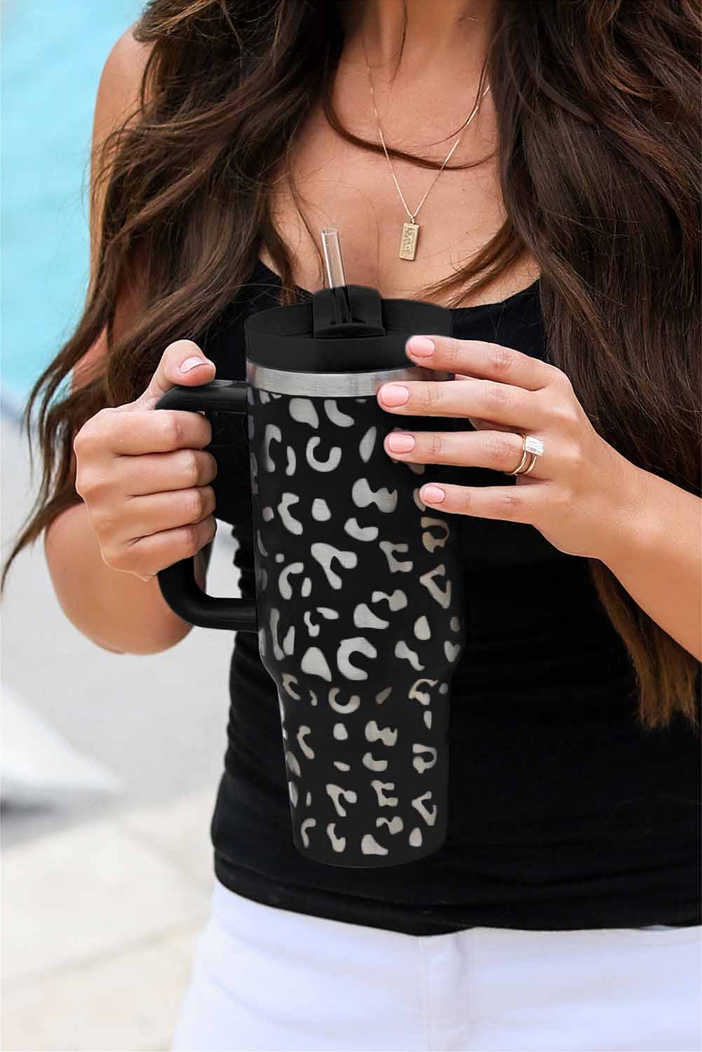 Wholesale Black 40oz Stainless Steel Portable Leopard Tumbler MUG With Handle