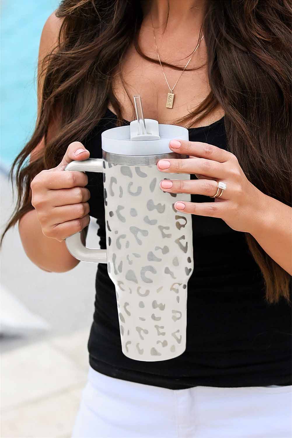 Wholesale White 40oz Stainless Steel Portable Leopard Tumbler MUG With Handle