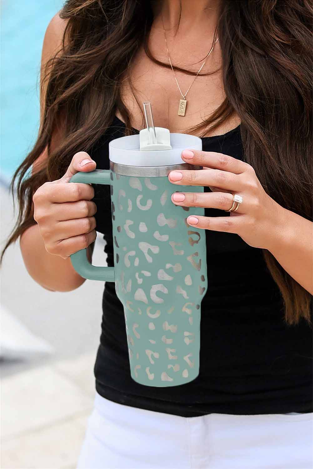 Wholesale Green 40oz Stainless Steel Portable Leopard Tumbler MUG With Handle