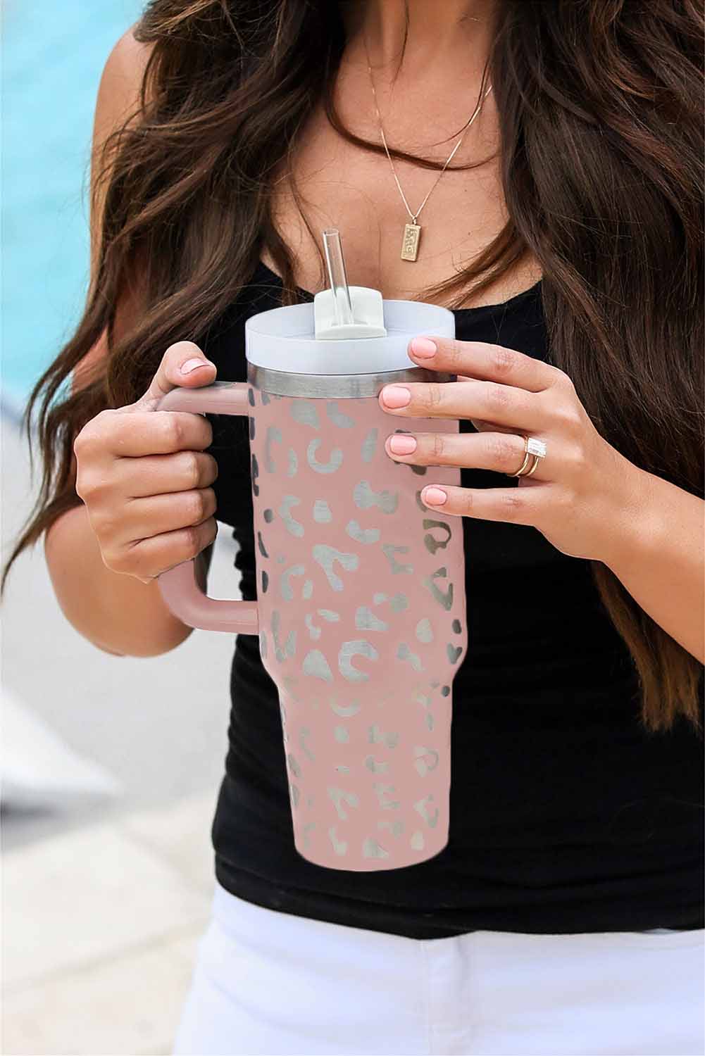 Wholesale Pink 40oz Stainless Steel Portable Leopard Tumbler MUG With Handle