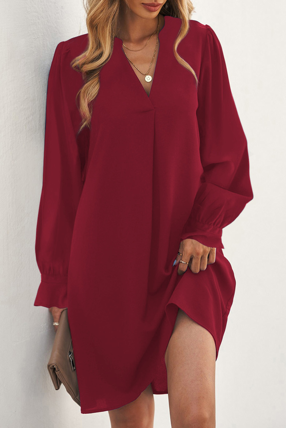 Red Split V Neck Casual Ruffle Sleeves Shirt Dress
