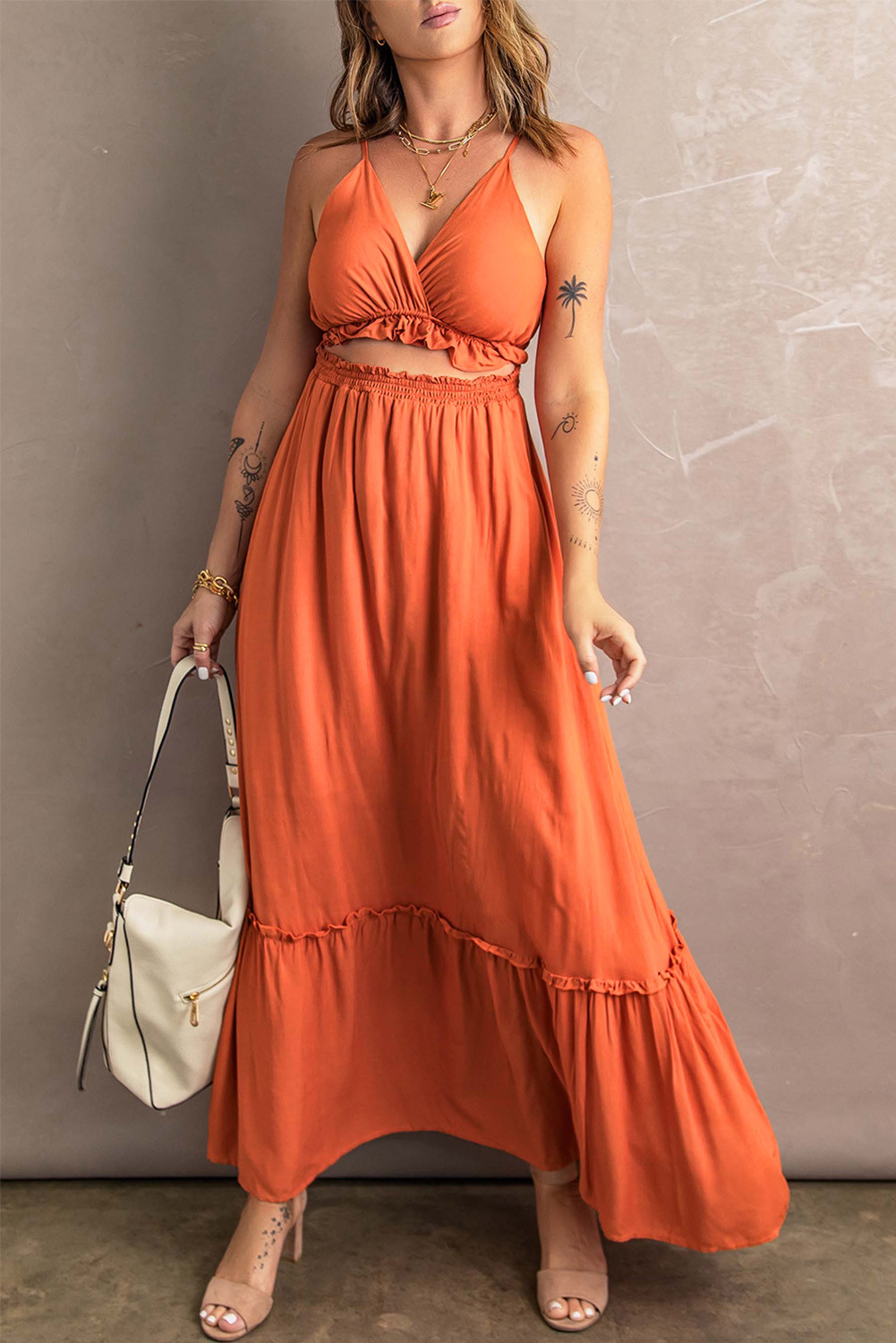 Orange Ruffled Cut Out Spaghetti Strap Sleeveless Long Dress