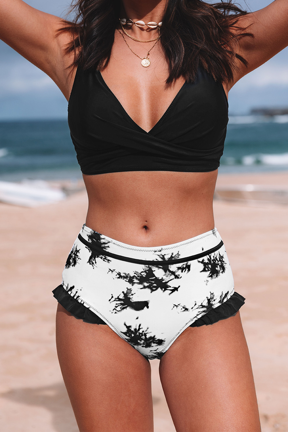 Black Sexy Splash Ink Crisscross Ruffled High Waisted Swimsuit