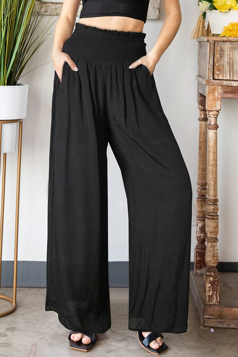 Black Frill Smocked High Waist Flowy Wide Leg Pants