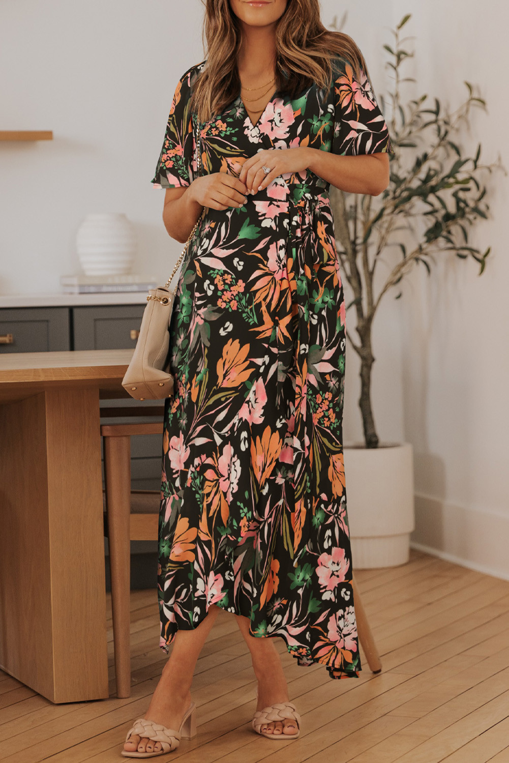 Black Floral Print Knotted Wrapped V Neck Maxi Dress