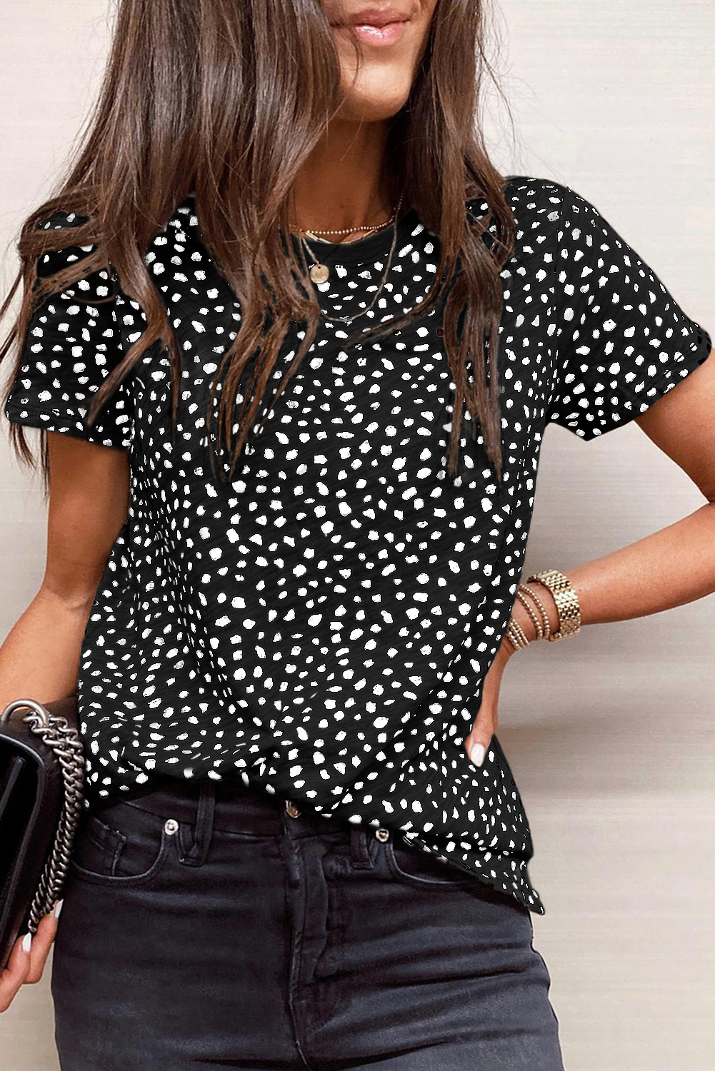 Shewin Wholesale Southern Black Cheetah Print Casual SHORT Sleeve Crew Neck T Shirt
