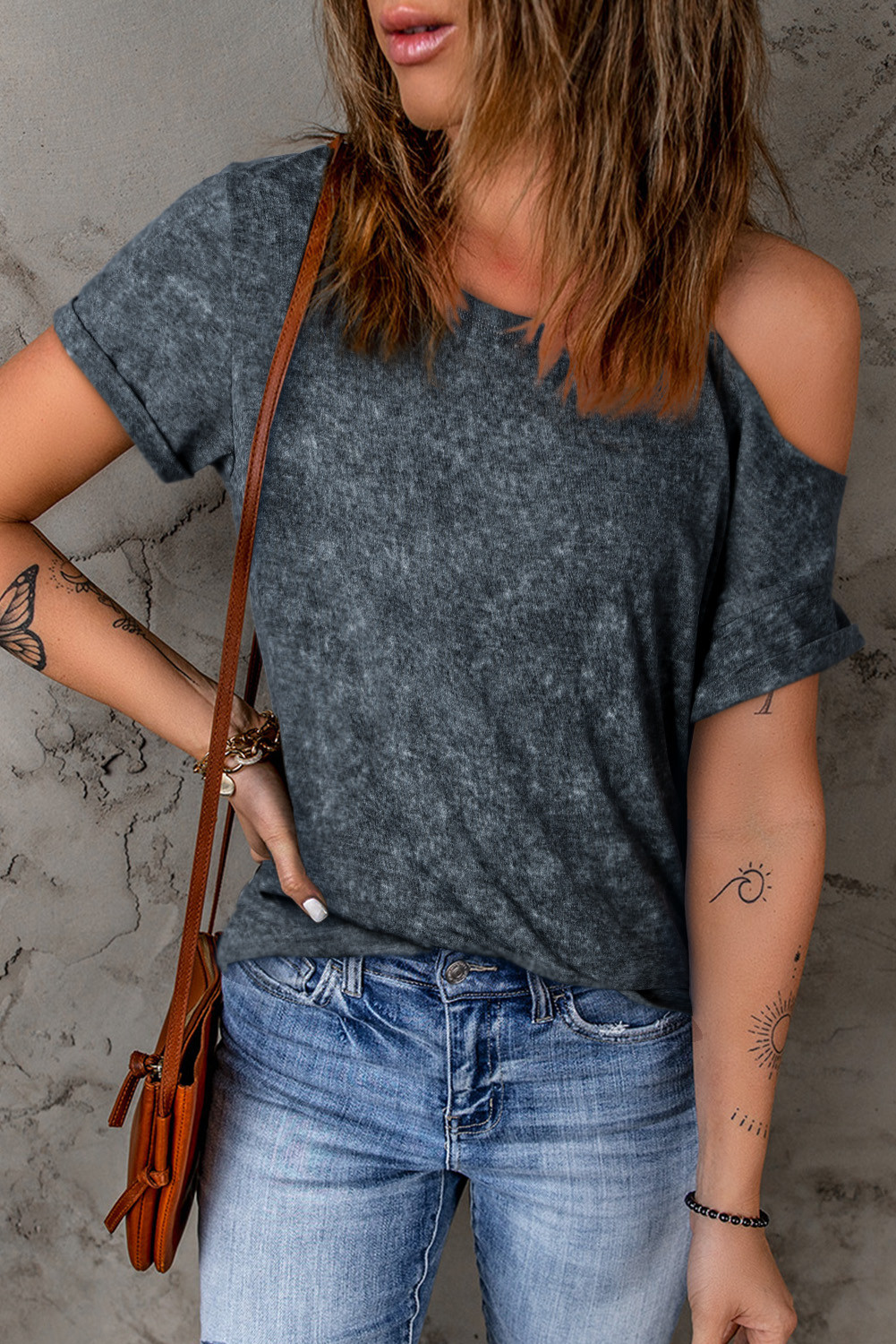 Grey Casual Asymmetric Cold Shoulder T-shirt