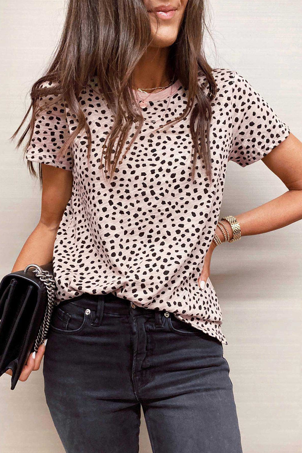 Shewin Wholesale Clothes Suppliers Apricot Cheetah Print Casual Crew Neck T SHIRT