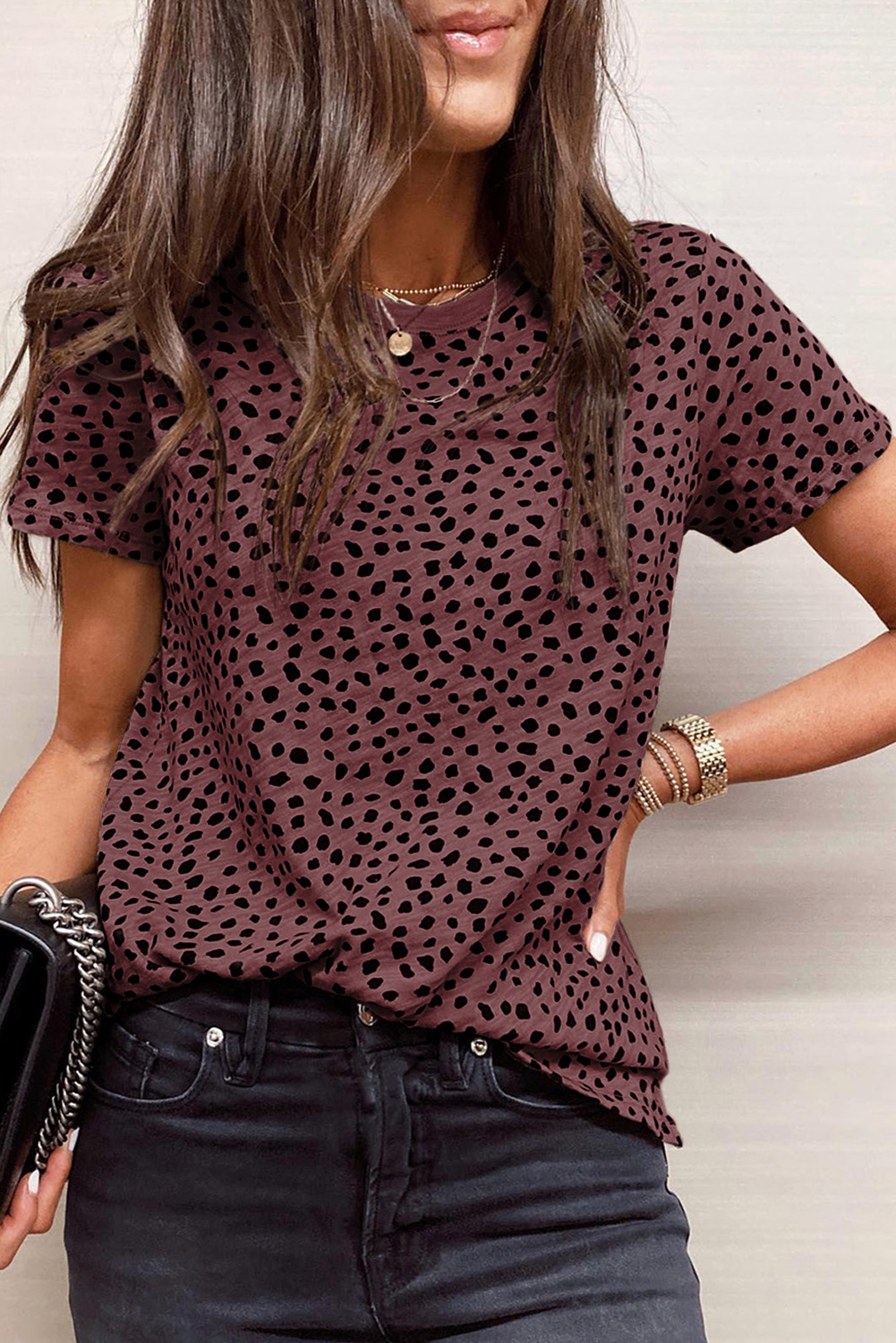 Shewin Wholesale Clothes Distributor Red Cheetah Print Casual Short Sleeve Crew Neck T SHIRT
