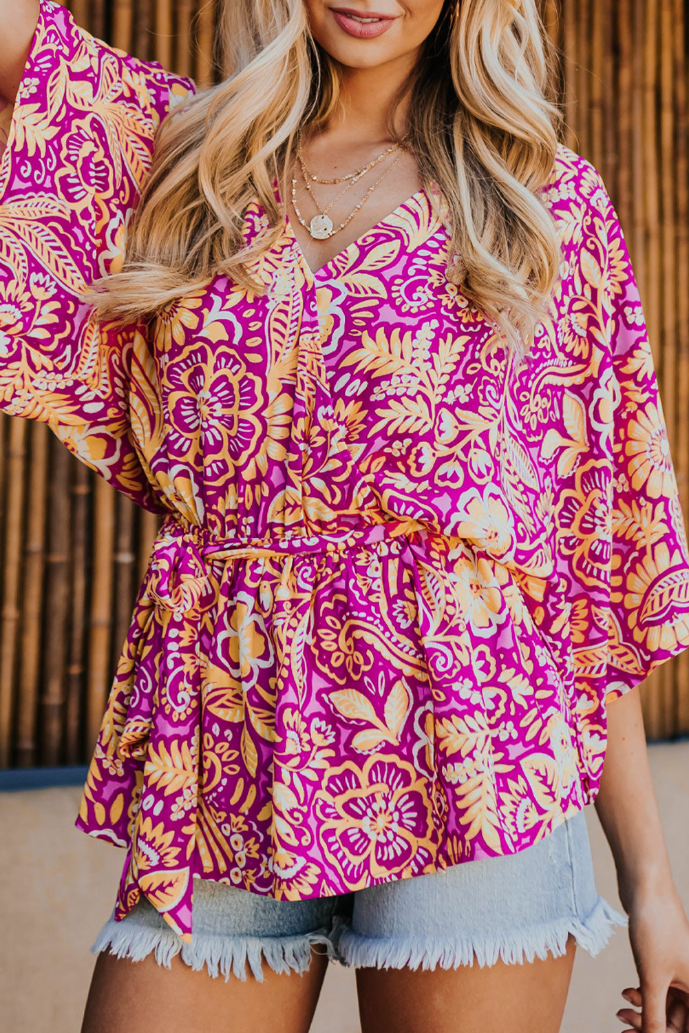 Red Boho Floral Print Belted Surplice Blouse