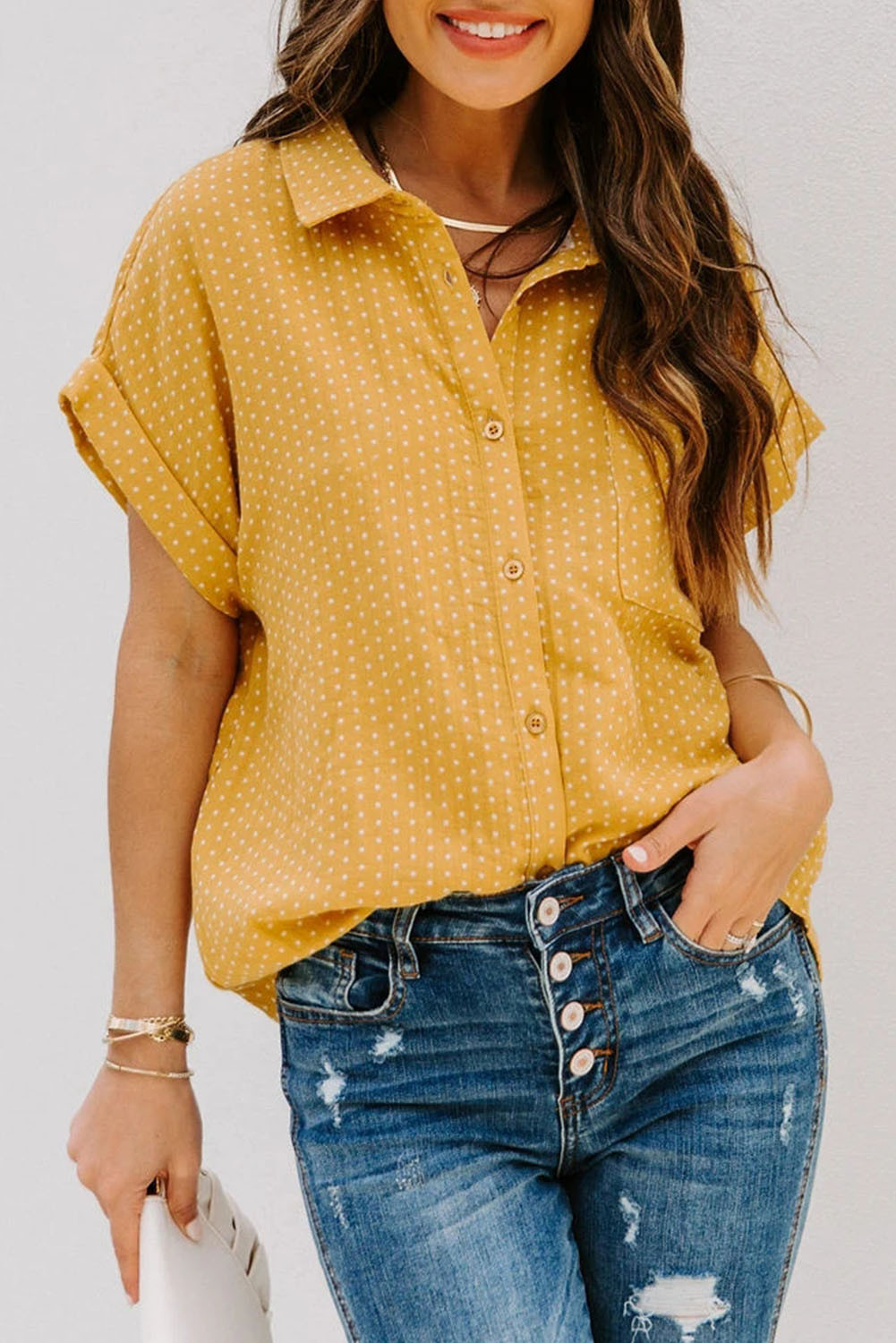 Yellow Polka Dot Print Rolled Short Sleeve Shirt