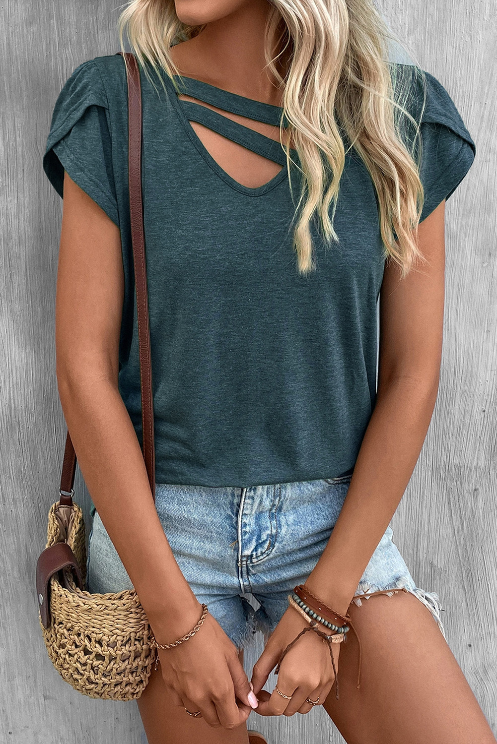 Dark Blue Solid Color Casual Cutout Neck T Shirt