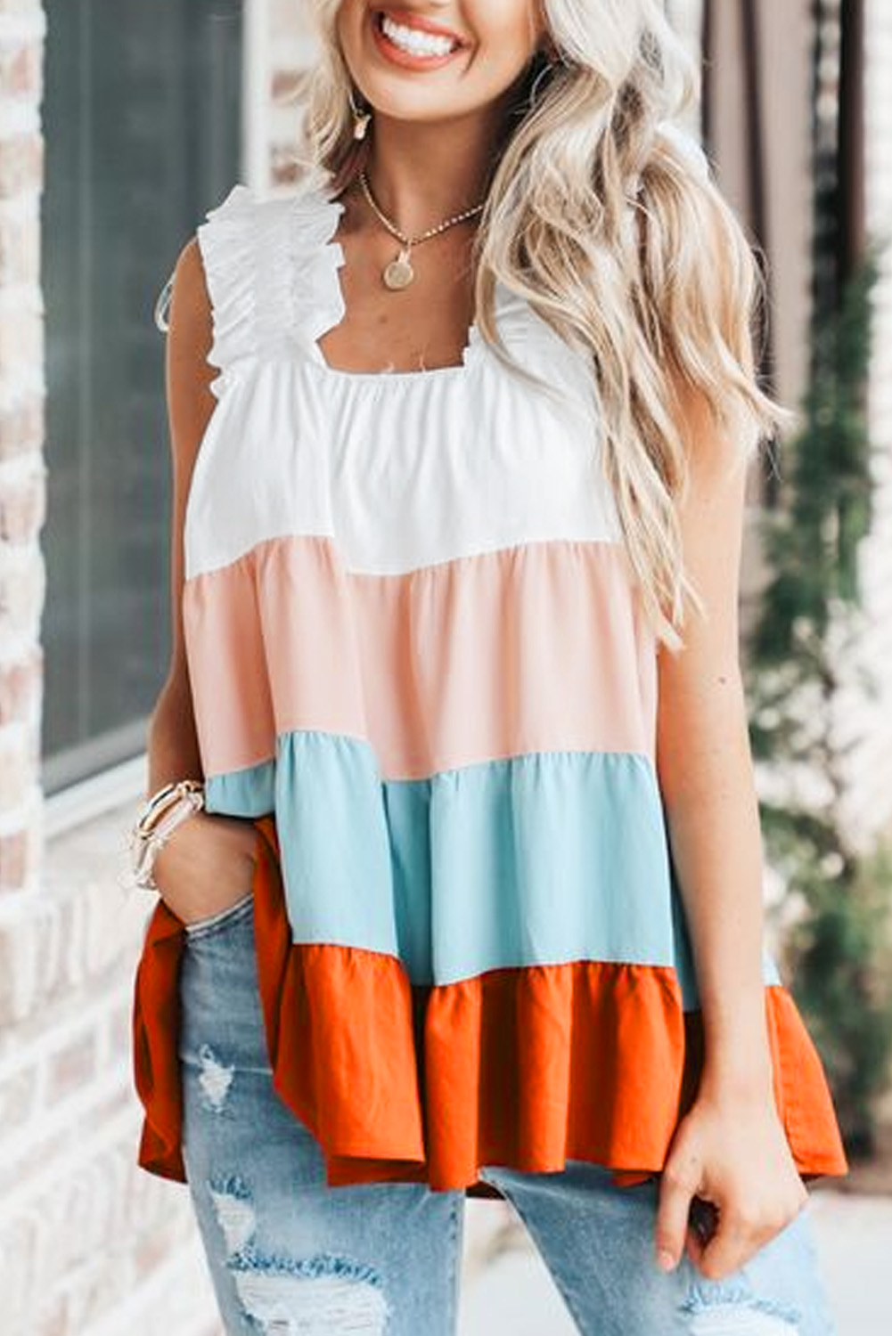 White Color Block Frill Straps Tiered Sleeveless SHIRT