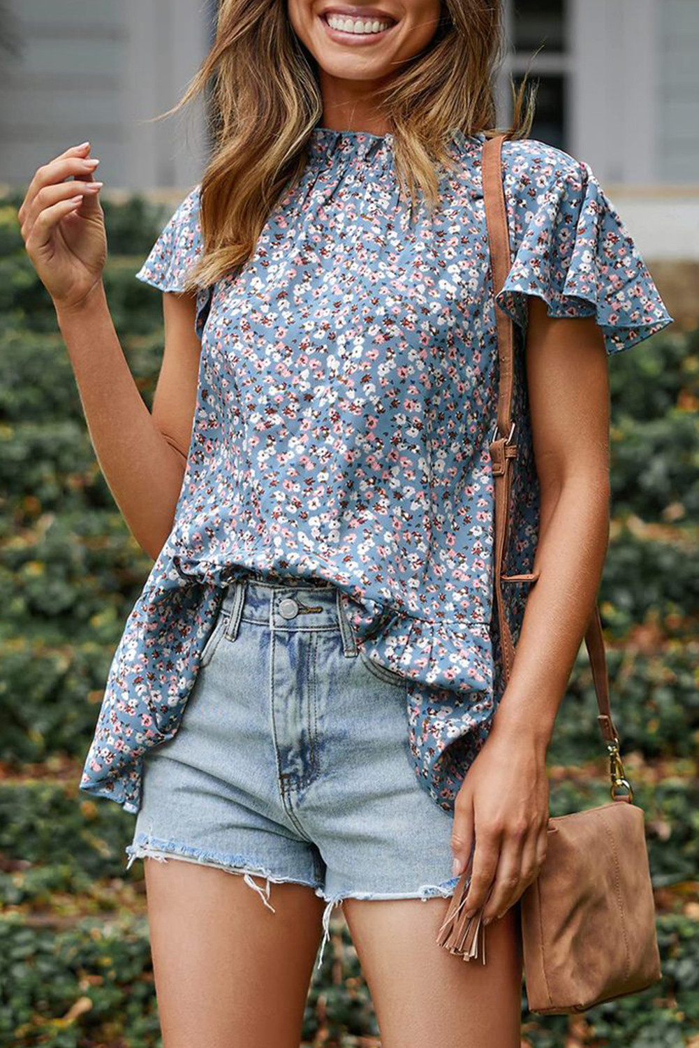 Light Blue Boho Ruffle Neck Flounce Sleeve Floral Blouse