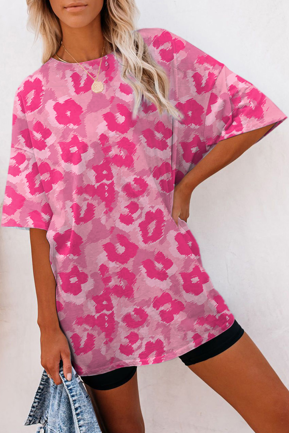 Shewin Wholesale CLOTHING Vendors Pink Leopard Print Drop Sleeve Oversized T Shirt