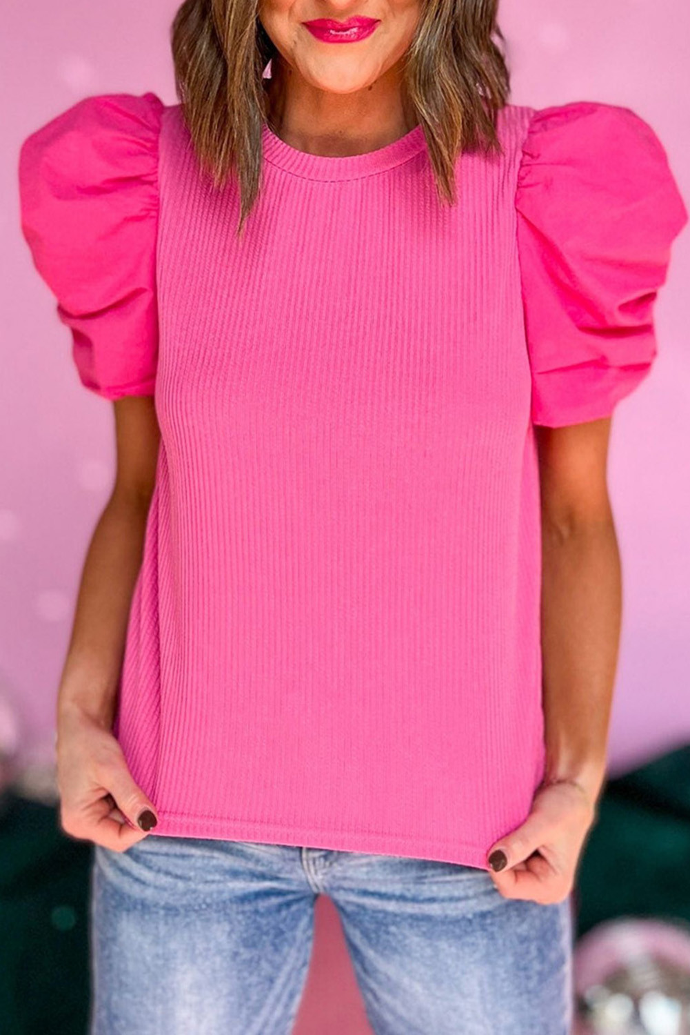 Rose Ribbed Crew Neck Elegant Puff Sleeve Top