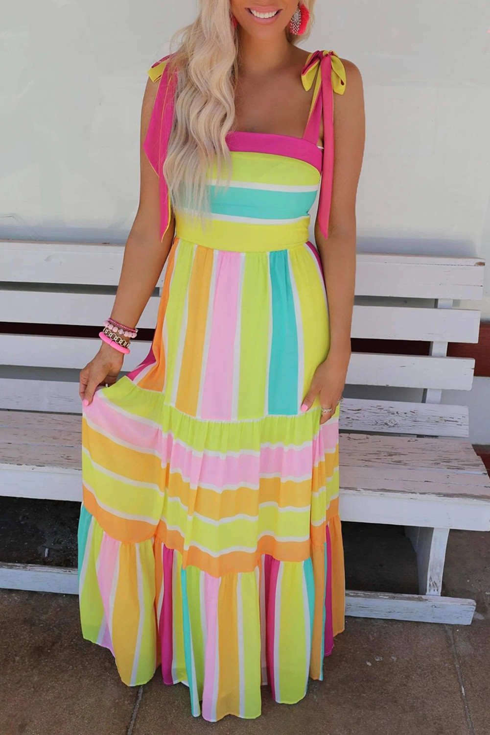 Yellow Multicolor Striped Print Bow Knot Straps Sleeveless Maxi Dress