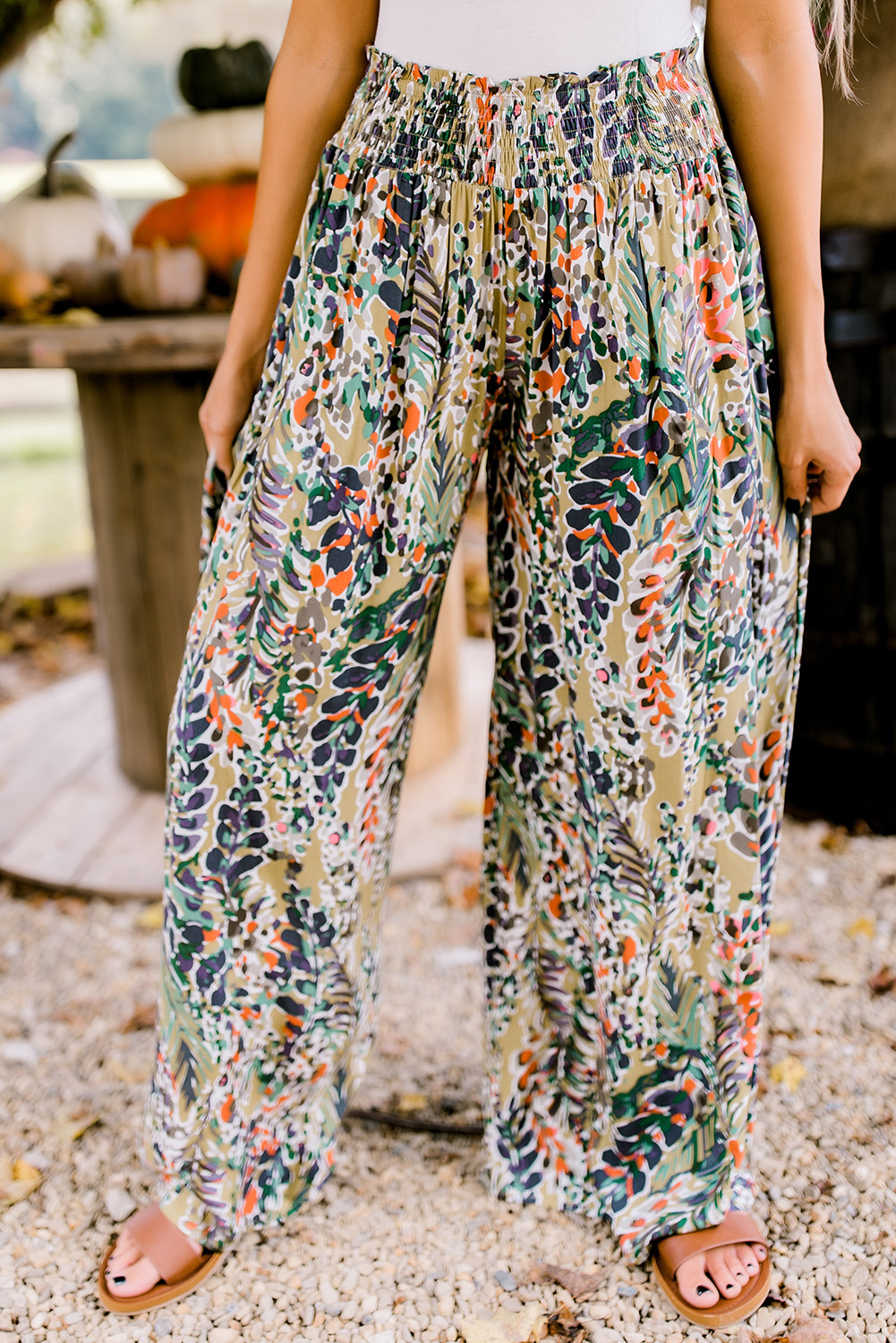 Shewin Wholesale Clothing Boutique Multicolor Abstract Print Shirred High Waist Wide Leg PANTS