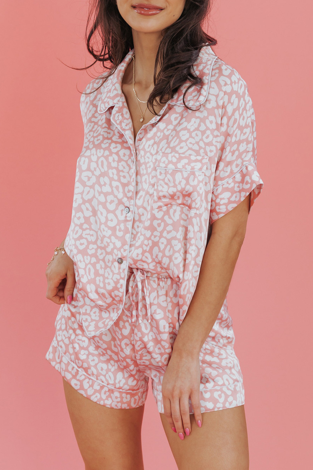 Pink Leopard Satin Shirt & Shorts Pajama Set