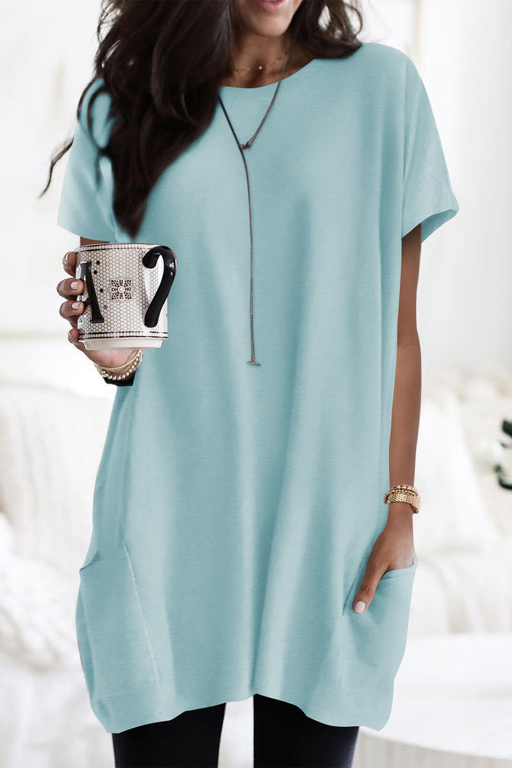 Light Blue Plain Loose Pocket Casual Tunic Long T-Shirt