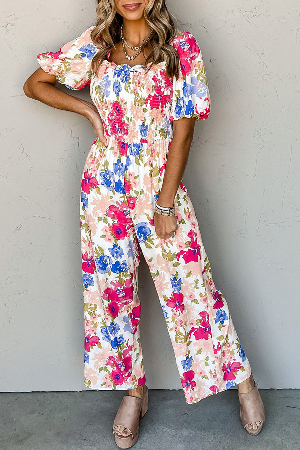 Multicolor Floral Print Smocked Puff Sleeve Jumpsuit